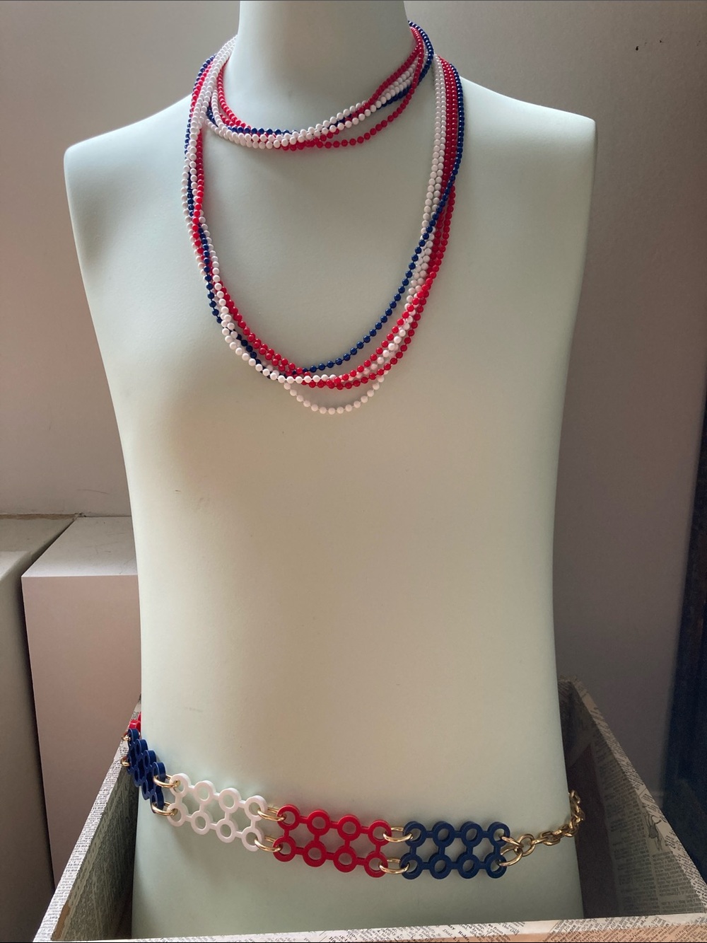 Red White and Blue Beaded Necklace and Belt Set